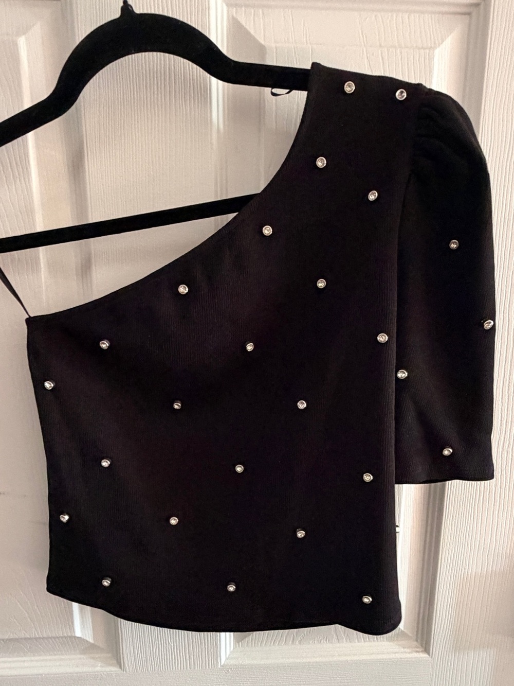 Express Black Rhinestone Ribbed One Shoulder Puff Sleeve Top M